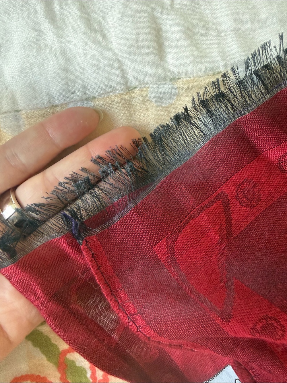 Louis Vuitton Vintage Deep Wine Red Burgundy Monogram Scarf 100% Silk - Picture 6 of 9